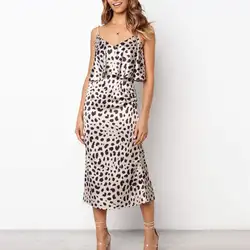 Женское сексуальное леопардовое платье миди в горошек с v-образным вырезом без спинки с бретельками