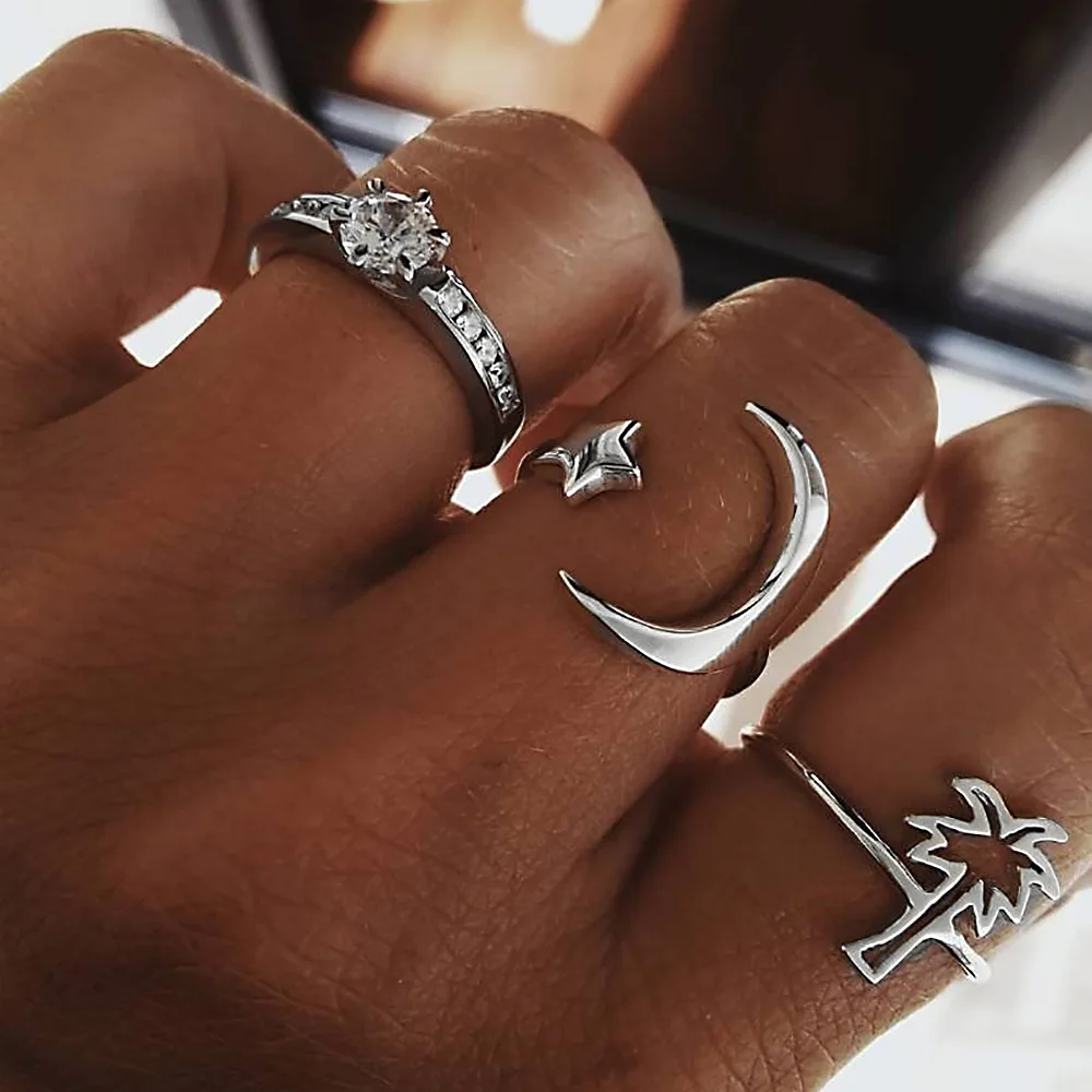 

3pcs/set Coconut Palm Moon Star Crystal Fashion Ring Set