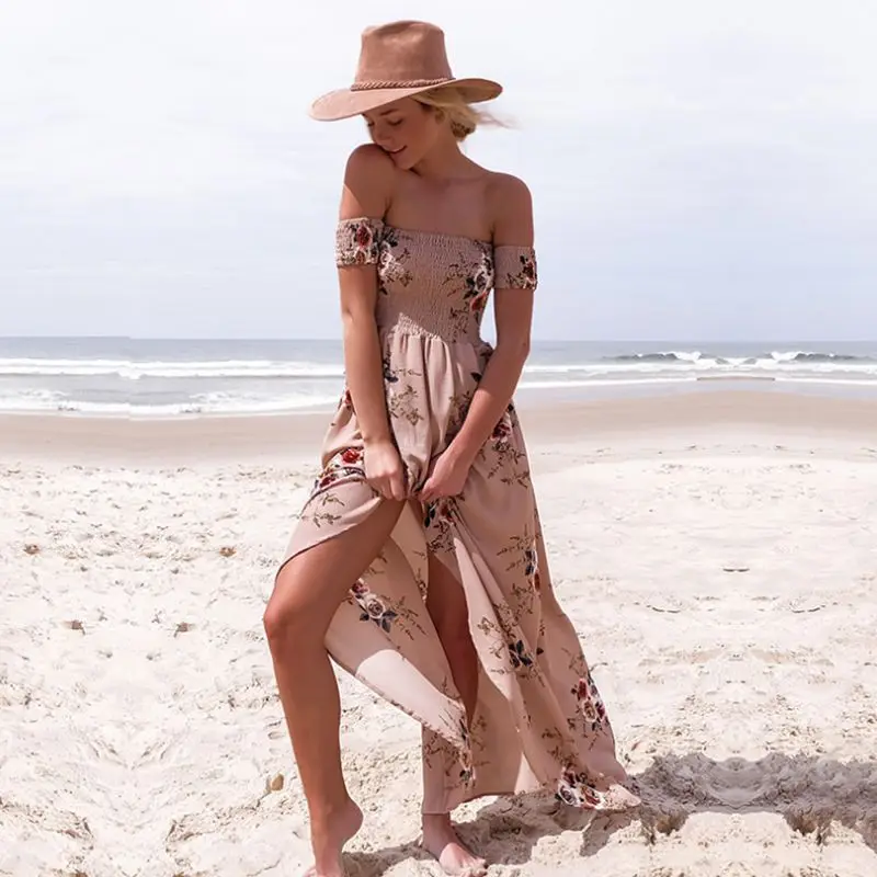 Boho Стиль длинное платье Для женщин с открытыми плечами пляжные летние платья