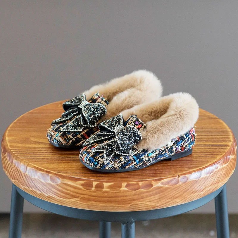 

Koovan Children Flats 2017 Winter New Children's Shoes Girls Checkered Cloth Rabbit Fur Cotton Shoes Bowknot Cotton Princess
