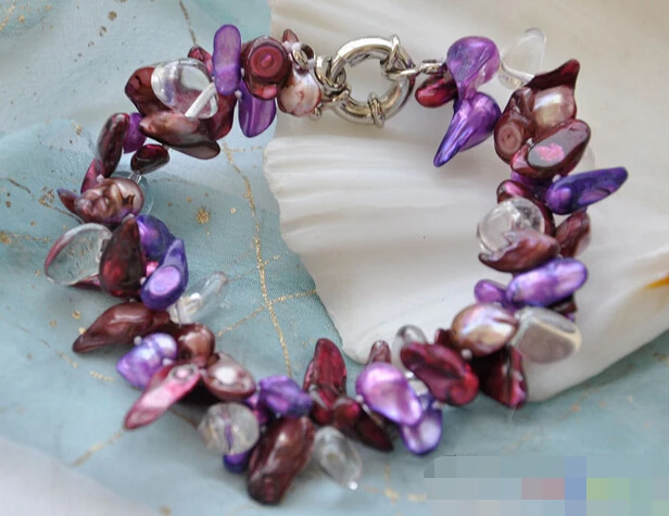 

free shipping 08795 2row baroque tail purple red pearl crystal bracelet