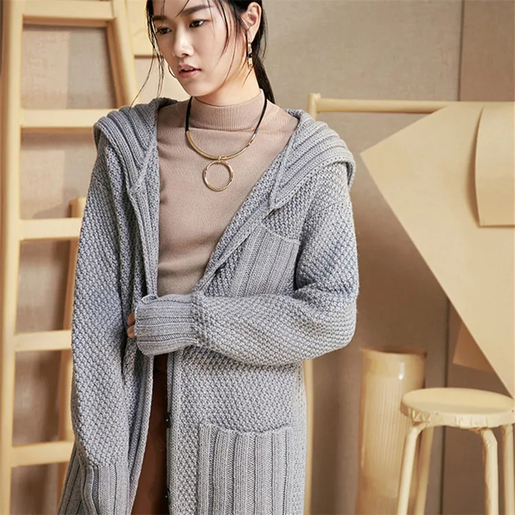  100%hand made pure wool crew neck thick knit women solid single breasted H-straight long cardigan s