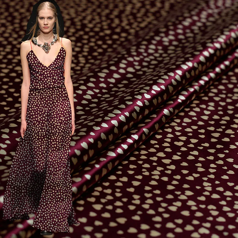 Pearlsilk 16momme красное вино с принтом сердца эластичный атлас тутового шелка материалы летнее платье DIY Одежда ткани