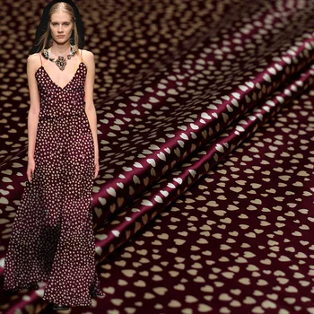 

Pearlsilk 16momme Wine Red Hearts Printed Elastic Satin Silk Materials Summer Dress DIY clothes fabrics Freeshipping