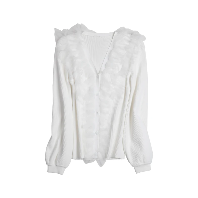 Dabuwawa Ruffles V Neck Romantic Mesh Knitted Sweaters For Girls Women Lanterns Sleeve Elegant Sweet Cardigans Tops #DN1AJS005