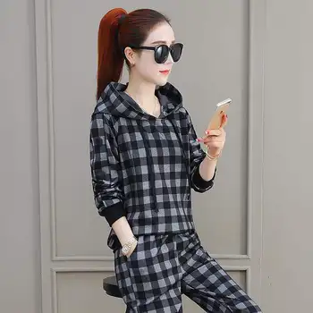 

2 PCS Suits Autumn Spring Plaid tracksuit Turtleneck Hooded Casual Suit Women clothing 2 Piece set Pockets pant suit Female