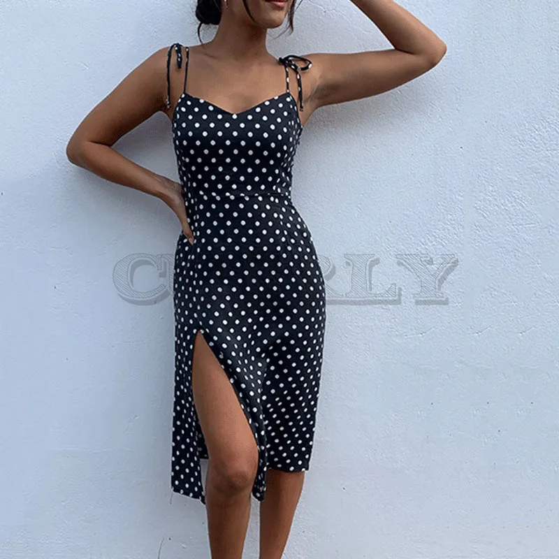 

Cuerly 2019 summer dot print dress women bow split sundress streetwear day dress female vestidos L5