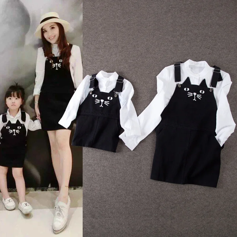 

Mother Daughter Dresses 2017 Autumn Winter 2pcs Cat Children Girls Clothing Sets Mom and Daughter Denim Dress Shirt + Overalls