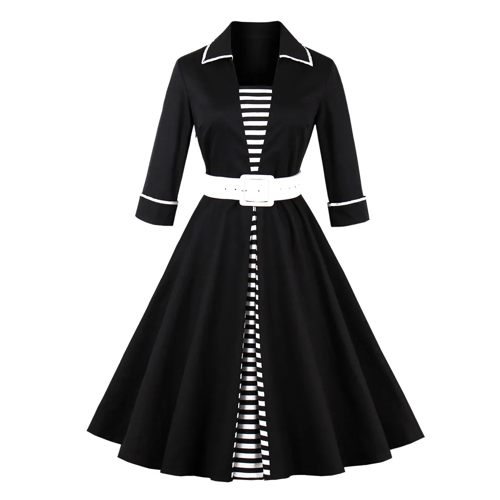 

1950s Vintage Dresses Long Sleeve Women Autumn Dress Patchwork Striped Black Sashes Rockabilly Fall Swing Party Dress Vestidos
