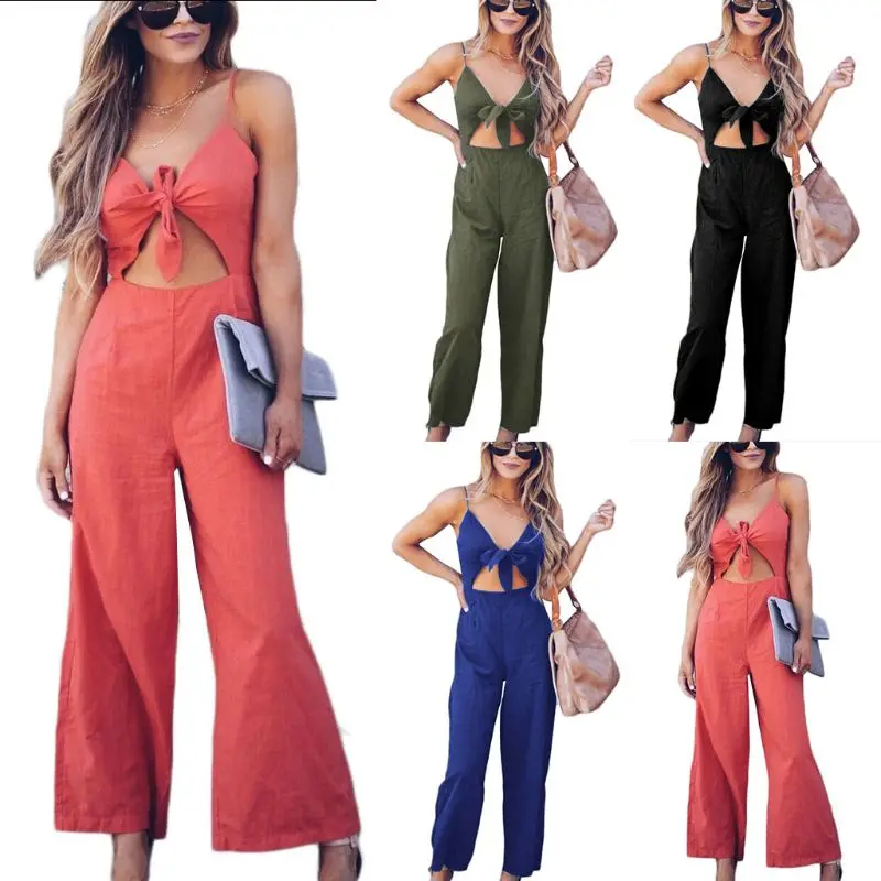 

Womens Ladies Summer Beach Strappy Spaghetti Strap V Neck Sleeveless Front Tie-up Bowknot Long Jumpsuit Pants
