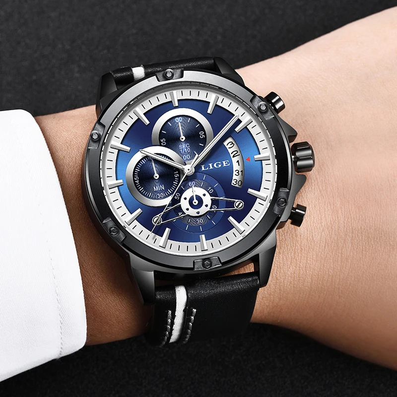 

LIGE New Fashion Quartz Watch Men Leather Top Brand Luxury Business Clock Male Waterproof Sports Chronograph Erkek Kol Saati+box