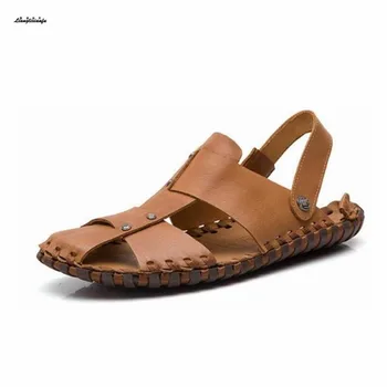 

LLXF summer high quality Men Slippers custom handmade Rivets Sandy beach Men's Sandals Outdoor Trekking genuine leather shoes