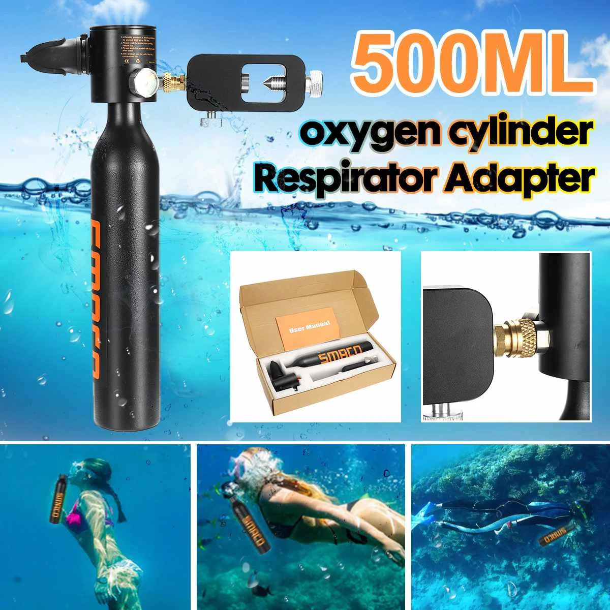 

SMACO Underwater Breathing Accessories 0.5L Diving Equipment Mini Scuba Diving Cylinder Respirator Adapter Head