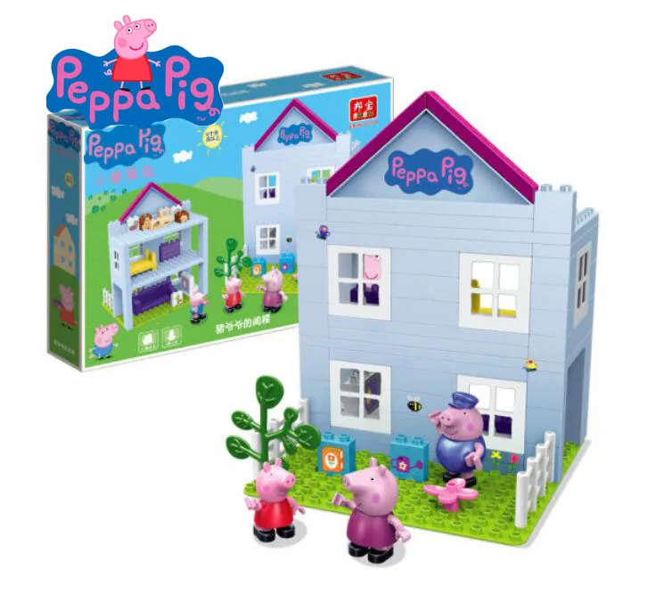 

Hot 2018 Genuine Peppe Pig Building Blocks Set of 80 Pieces Includes 4 dolls Grandpa pig's attic 9317 set toy gift