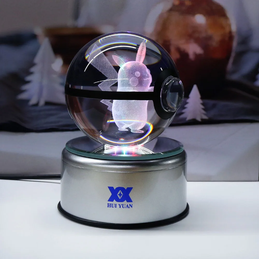 Пикачу 3D лампа с хрустальным шаром настольное украшение стеклянный шар ночник светодиодный красочный поворот база креативный подарок Хуэй Юань бренд