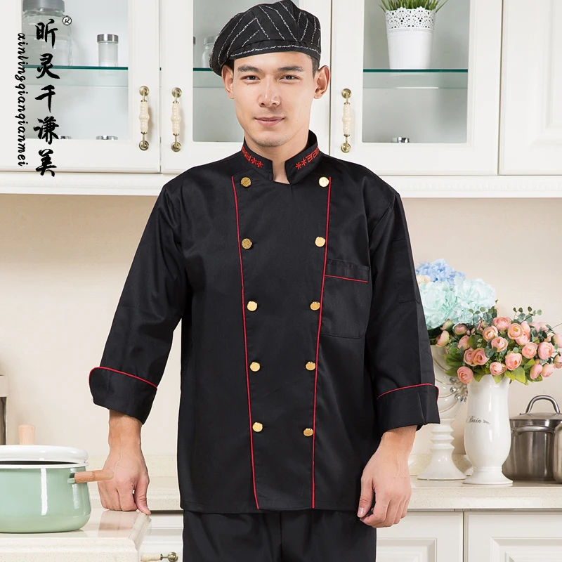 Шеф повар Костюмы черный Кухня одежда Длинные рукава форма Комбинезоны для
