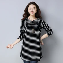 #2528 Spring Autumn Black And White Striped T Shirt Women V Neck Plus Size 4XL Long Sleeve Long T-shirt Ladies Casual Plus Size