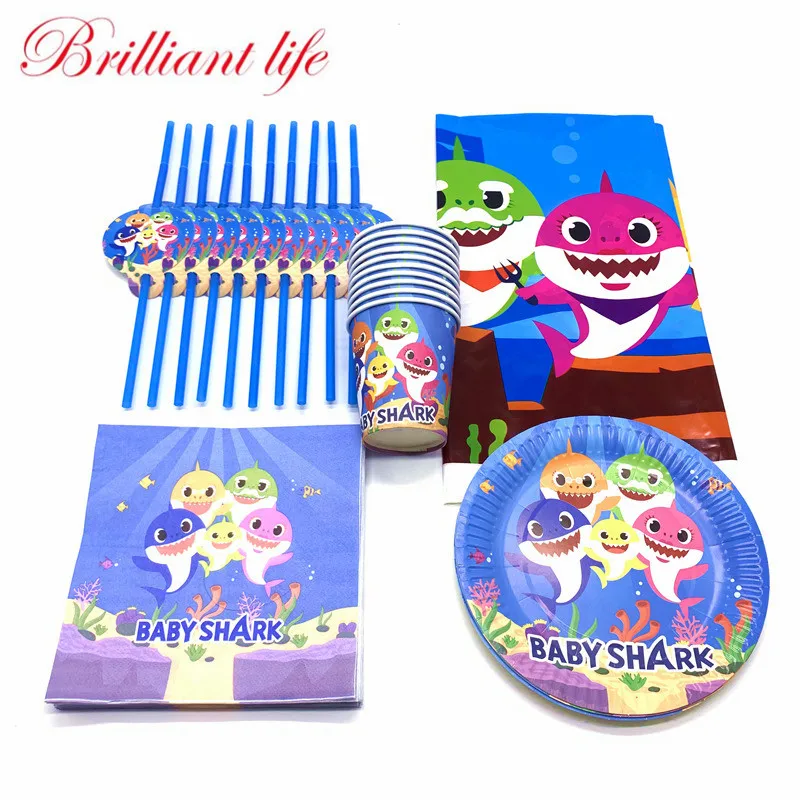 

81Pcs /Lot Baby Shark Theme Kids Birthday Party Decorations Paper Disposable Cup+Plate+Napkin+Straw+Tablecloth Party Supplies