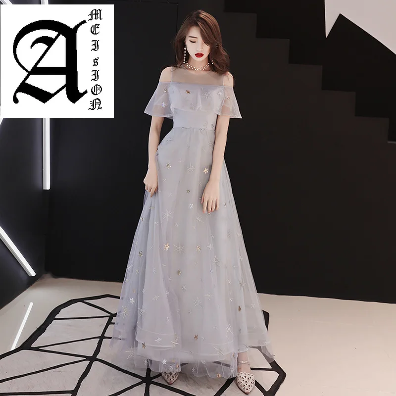 

Ameision Evening Dress Sexy Off Shoulder Ruffles Illusion Slim Party Gown Full Stars Pattern Shining Formal Dresses