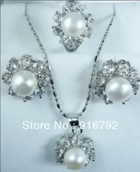 

Fancy White Pearl Necklace Earrings Ring Set (C0322)