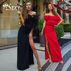 Gosexy 2019 Новый женский красный черный обвязанное платье без рукавов без бретелек сексуальное платье с перьями длиной до пола вечерние платье