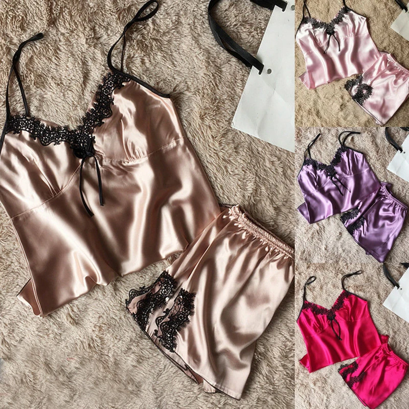 2pcs Womens Sexy Satin Lace Sleepwear Babydoll Nightdress Pajamas Set