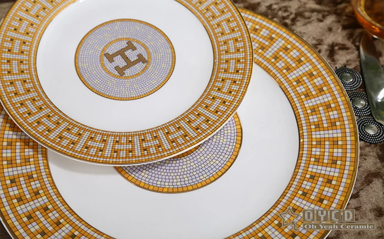 Фарфор плоские тарелки костяного фарфора "H" Марк мозаичный дизайн контур в золотой круглой формы 6," плоская тарелка, из костяного фарфора тарелка маленькая тарелка