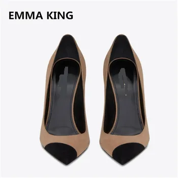 

EMMA KING Classic Suede Leather Patchwork Women Pumps Shallow Pointed Toe Thin High Heels Formal Dress Office Ladies Shoes Women