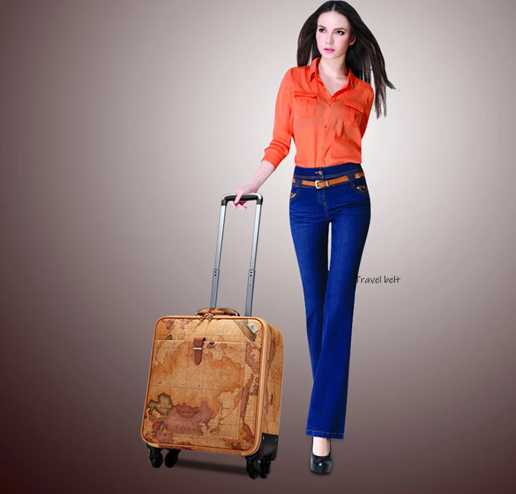 Карта в стиле ретро из искусственной кожи, Скалка багажа, Спиннер, мужской чемодан в деловом стиле, колеса 16 дюймов, женские сумки для путешествий с паролем, Trelloy