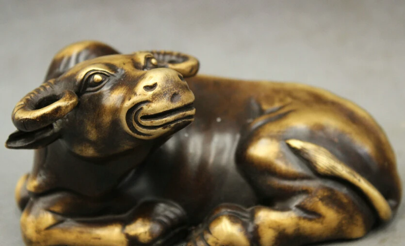 

song voge gem S2584 Folk Chinese Pure Bronze FengShui Wealth Year Zodiac Lying Bull Ox Buff Statue