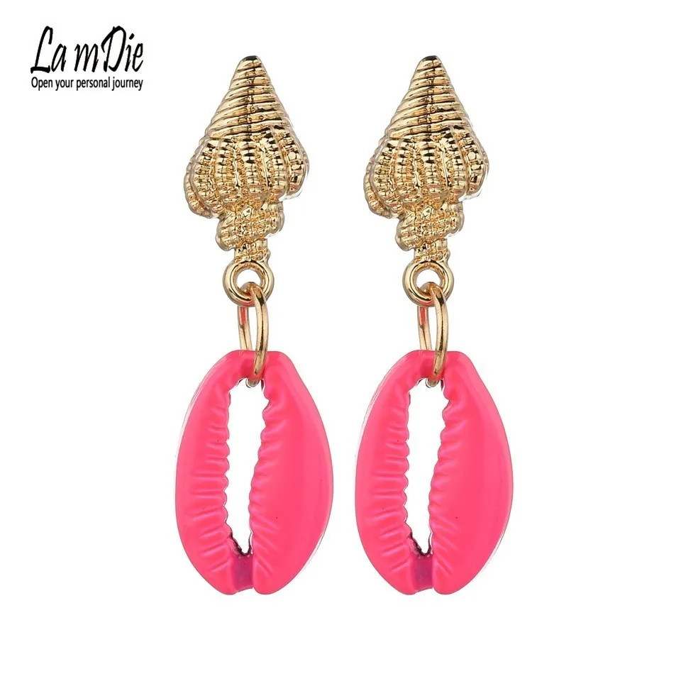 

Fashion Color Pink Conch Sea Shell Pendant Earrings Ladies New Simple Gold Pendant Cute Earrings Wedding Wear Korean Jewelry