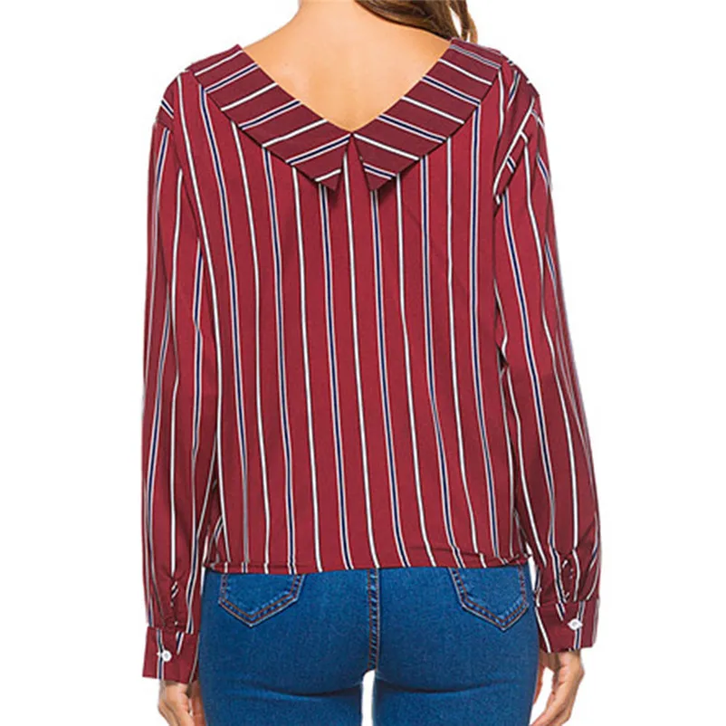 Fashion womens tops and blouses 2018 Womens Bow Striped Lapel Neck Button Long Sleeve Shirt Tops Blouse camicette A06#N  (2)