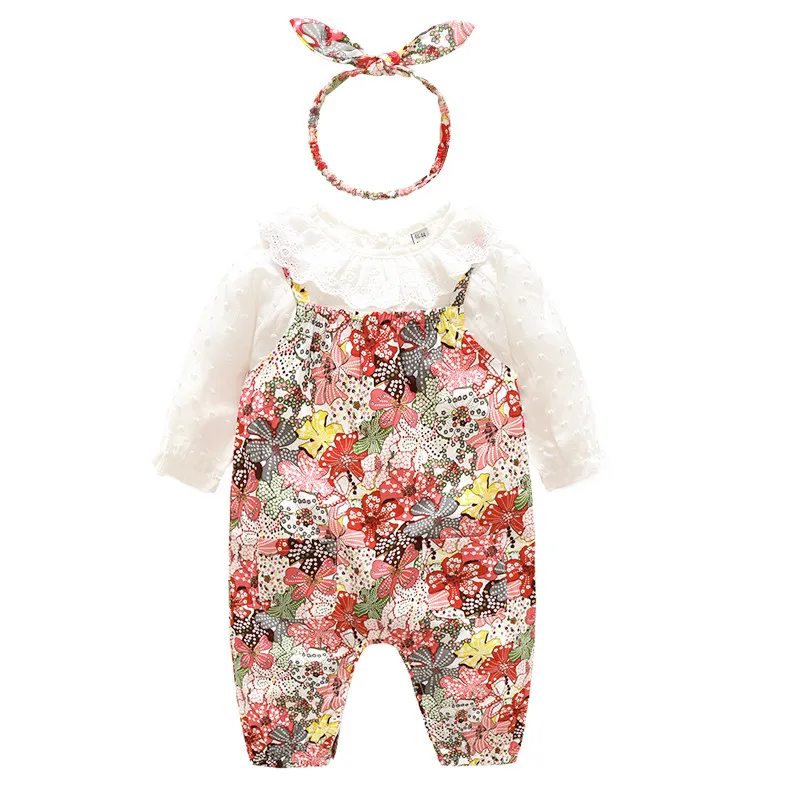 

Spring and Fall Newborn Baby Girl Age 0-24M Cute Sets, White Cotton Long Sleeve T-shirt, Shredded Flower Suspenders and HairBand