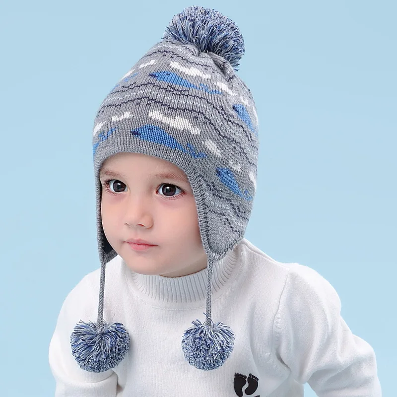 

Kids Knitting Pompom Hat Baby Ear Cap Children Ear Protection Knit Cap Children Autumn Winter Hat Earflap Whale Cap B-9493