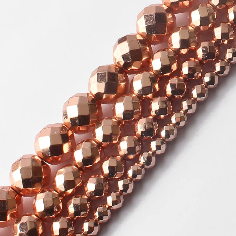 Faceted Silver Plated Rose Gold Hematite Natural Stone Beads for Jewelry Making – Round Loose Beads in Various Sizes