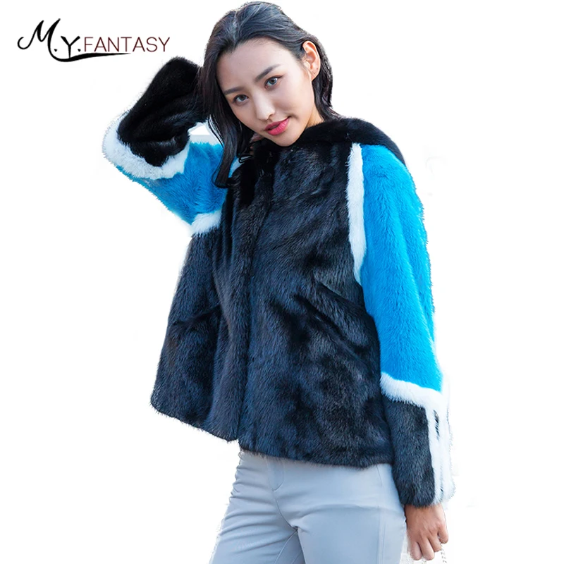 

M.Y.FANSTY 2019 Winter Women's Imports Print Striped With Hat Mink Coat Patchwork Real Fur Coat Contrast Color Short Mink Coats