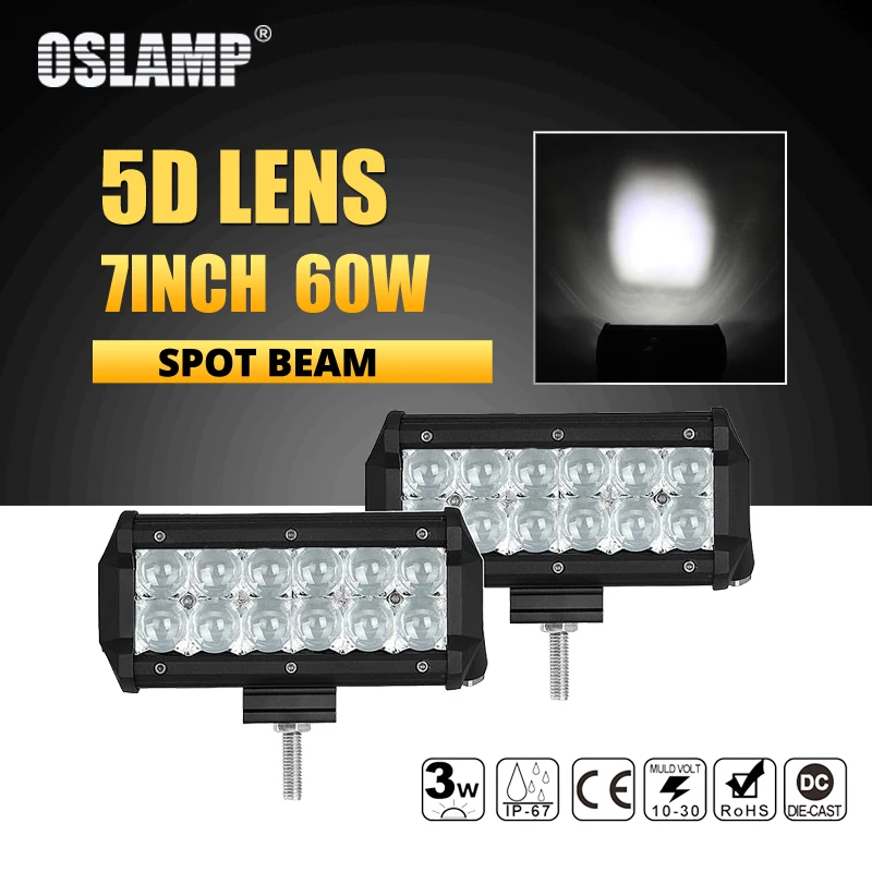 Oslamp 7 дюймов 5D 60 Вт 2 шт. пятно луча светодио дный свет работы бар грузовик внедорожник ATV Лодка 4x4 4WD Offroad светодио дный бар дальнего света 12 В 24