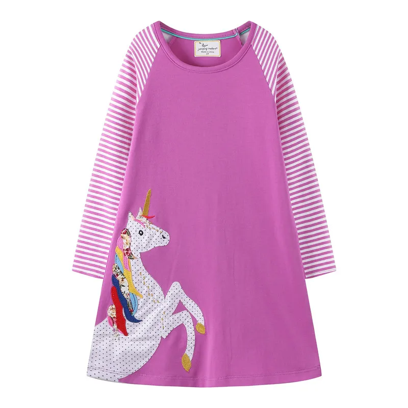 Jumping meter/платья для маленьких девочек с длинными рукавами; Хлопковое платье с карманами для маленьких девочек; весенне-осенняя одежда; платье для девочек - Цвет: T7770 purple unicorn