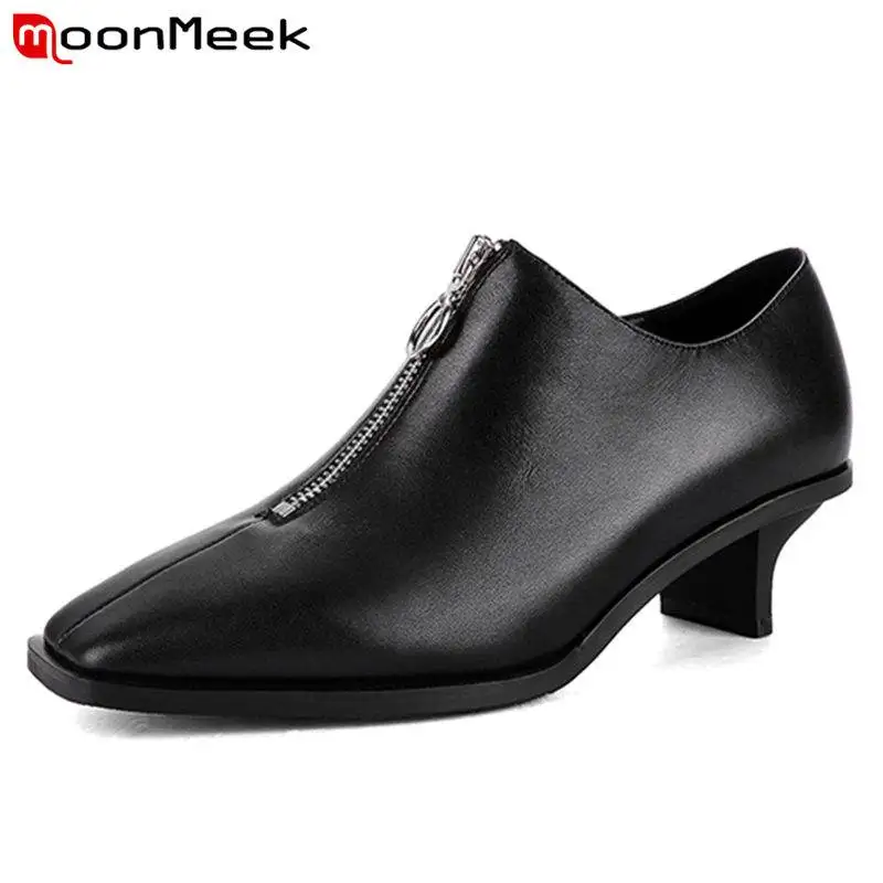 

MoonMeek NEW 2020 fashion genuine leather pumps women square med heel square toe zipper spring autumn shoes ladies shoes