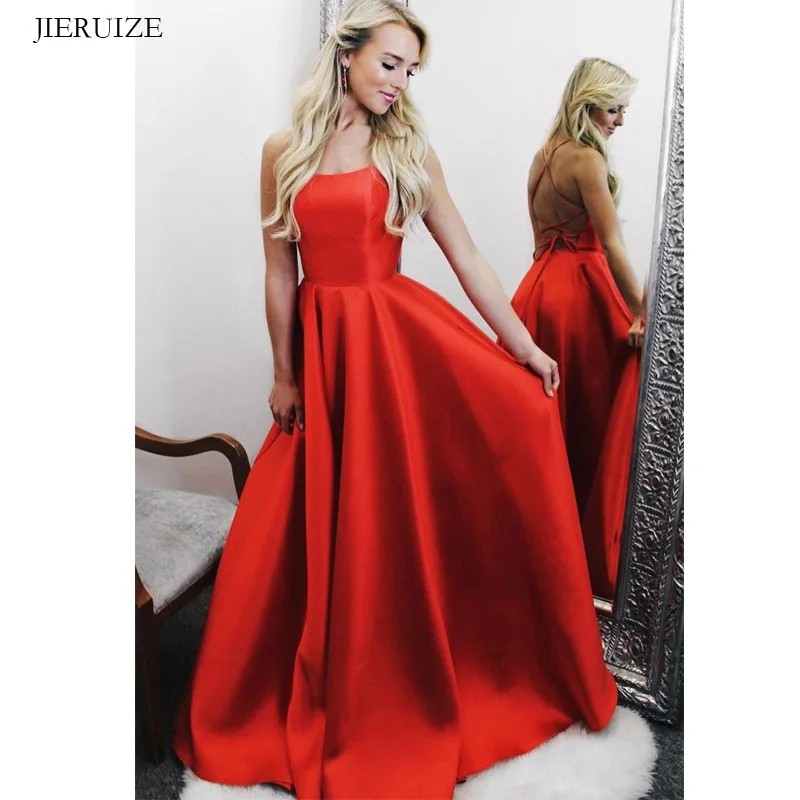 

JIERUIZE Red Satin Backless Evening Dresses Long Spaghetti Straps Long Simple Prom Party Dresses Evening Gowns Formal Dress