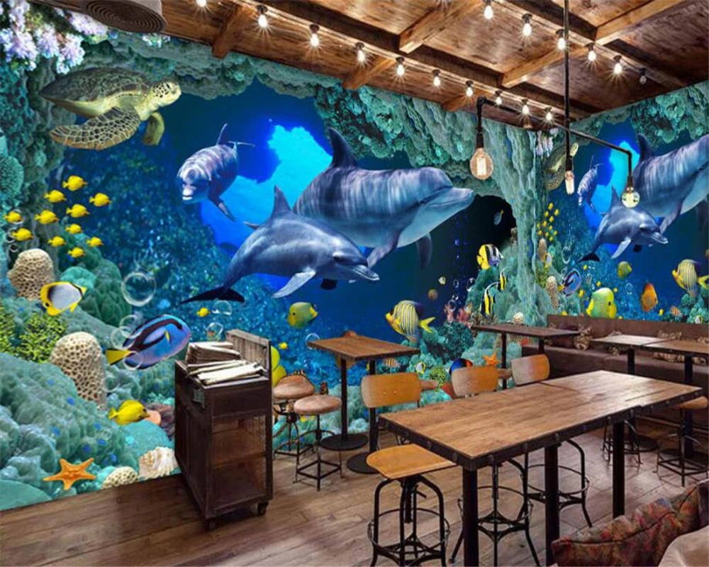 

beibehang Custom Wallpaper Blue Underwater World Dolphin Theme Restaurant Bar Background Living Room Bedroom Mural 3d wallpaper