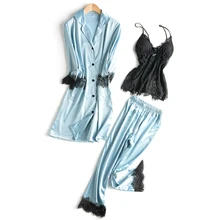 Удобные женские пижамы сексуальные кружевные 3 шт Спагетти ремень и брюки и халат Ночное белье повседневные пижамы с длинными рукавами пижамы костюм M L XL