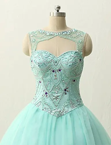 ANGELSBRIDEP Mint Green Quinceanera Dresses 15 Years Unique Neck Crystal Beading Bodice Full-Length Tulle Puffly Debutante Gowns
