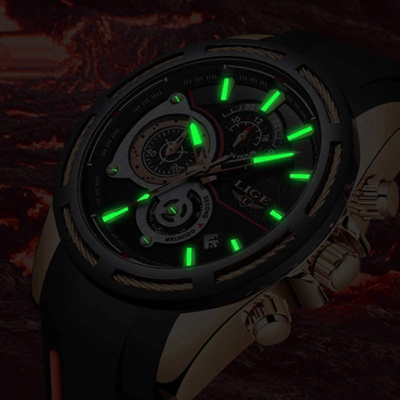 LIGE New Mens Watches Silicone Strap Watch Men Top Brand Luxury Waterproof Sport Chronograph Quartz Wristwatch reloj hombre+Box