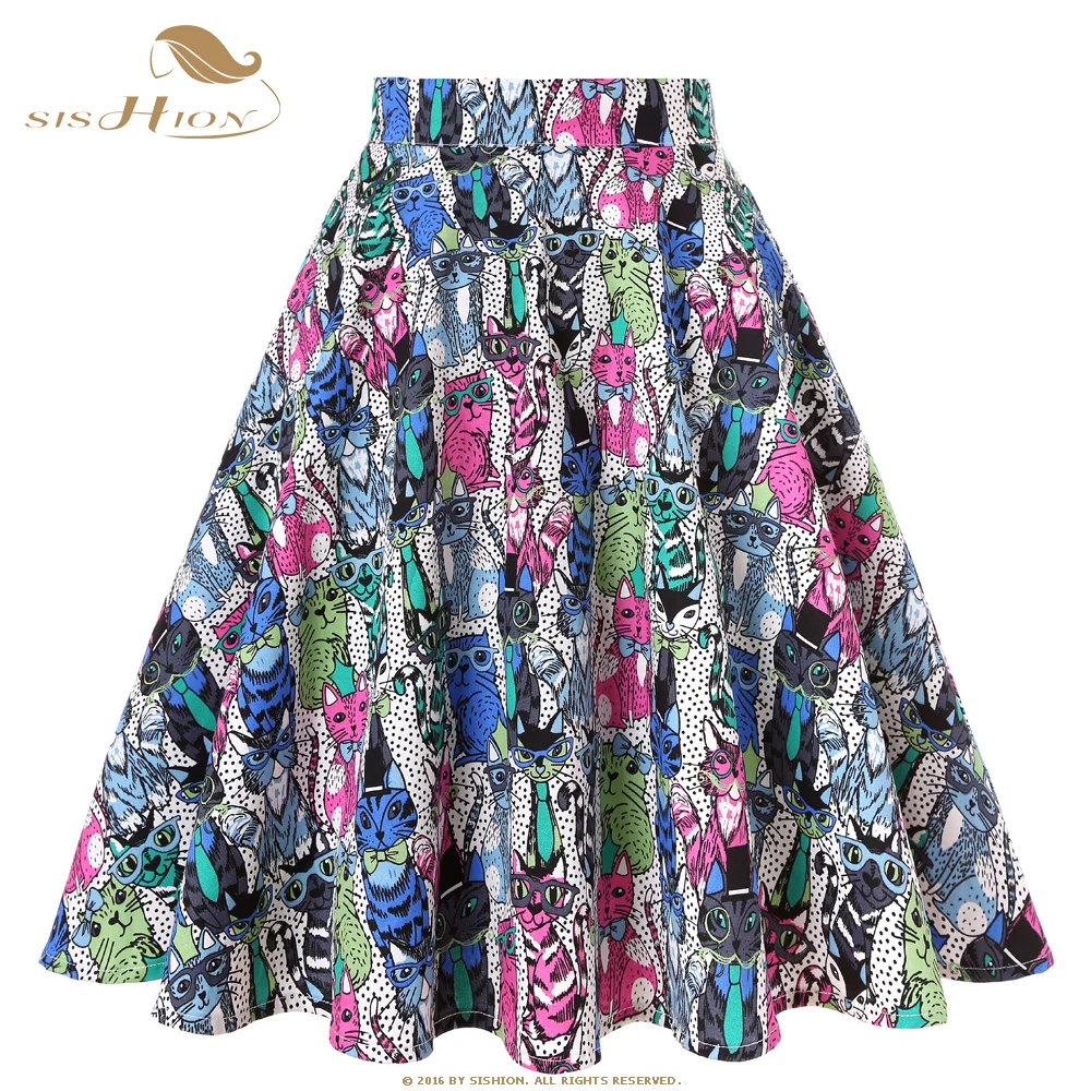 SISHION новая хлопковая женская летняя юбка с разноцветными котами размера плюс VD0020 хлопковая юбка-пачка в горошек, винтажная юбка с высокой талией