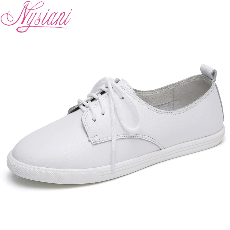 

Round Toe Women Flat Shoes Split Leather Ladies Loafers 2018 New Autumn Lace-up Female White Leather Sneaker Shoes Women Nysiani