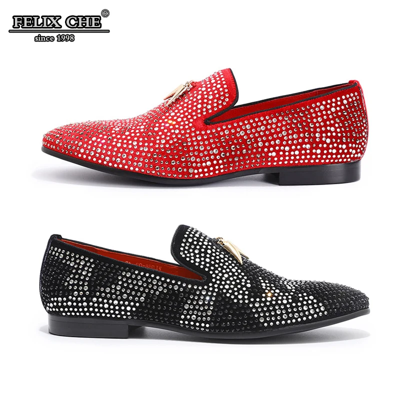 

LUXURY HANDMADE LEATHER RED BLACK VELVET RHINESTONES LOAFERS GOLDEN TASSEL WEDDING PARTY BANQUET DRESS CASUAL MENS SHOES + MALE
