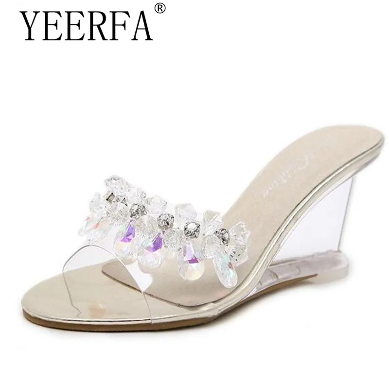 

Slope sandals High Quality rystal Transparent Diamond Wedges Sandals High heels 8.5cm Slope Sandals Female Summer 2018 Sexy shoe