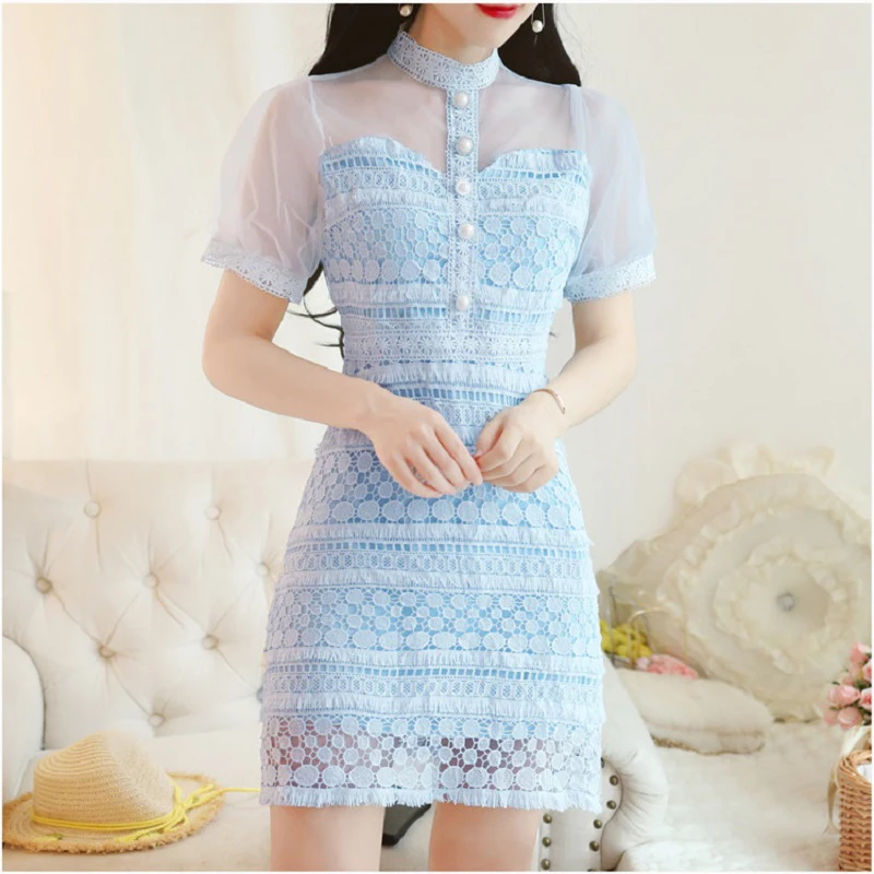 

Women White Lace Hollow Crochet Dress Summer Fashion Mesh Patchwork Short Puff Sleeve Elegant Ladies Party Mini Dress Vestidos