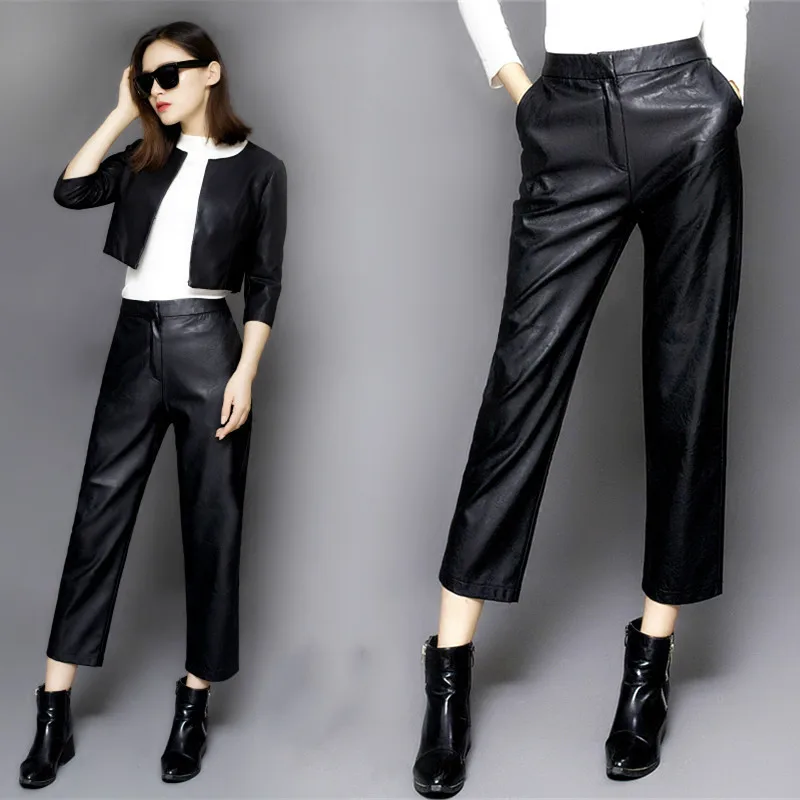 

Autumn leather pants women wear straight leg pants high waist nine points casual trousers large size plus velvet